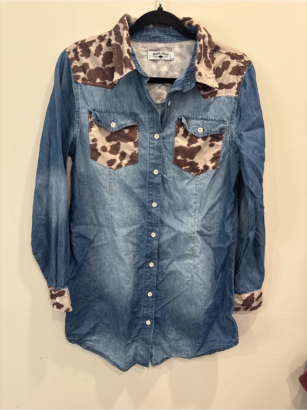 Crazy Train Blue Button Up Top with Cow Print Trim
